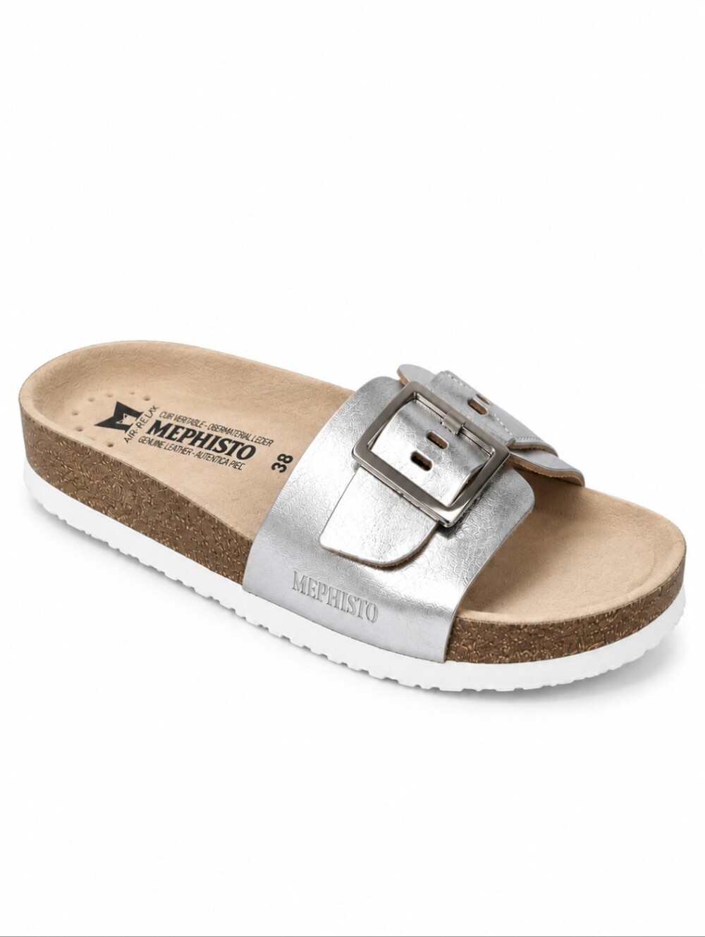 NEW Mephisto Mabel Slide Sandals Silver Leather Buckle Women's Sz 7.5 US, 38 EU